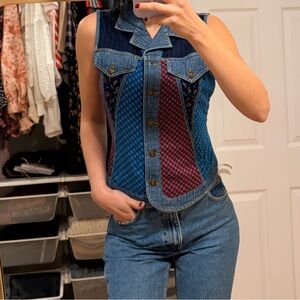 Carole Little vest Patchwork Jeans pattern Blue and Red vest denim boho vintage